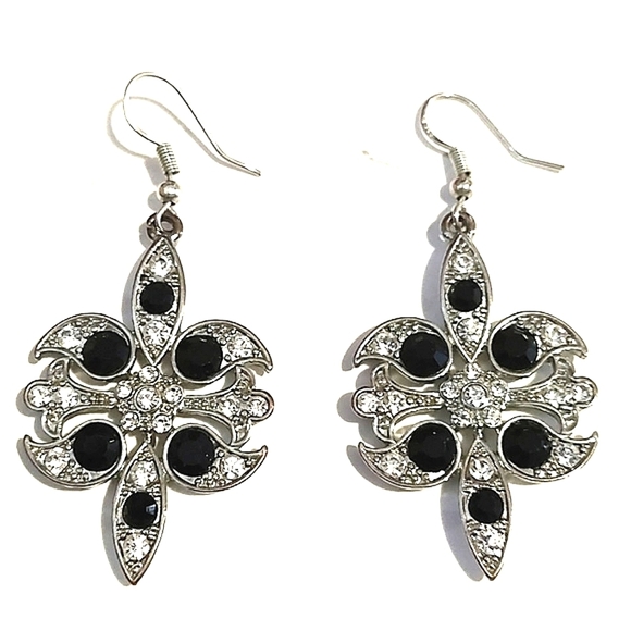 VINTAGE STERLING SILVER ONYX WHITE ZIRCON STONES DROP HOOK 2.1" EARRINGS - Picture 1 of 9